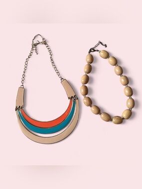 Beige Coral Statement Bib Necklace w/Turquoise Accent & vintage bead necklace